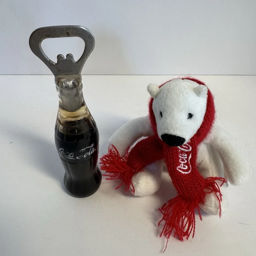 Vtg COCA-COLA Plush Polar Bear & Liquid Filled‎ Soda Bottle Opener